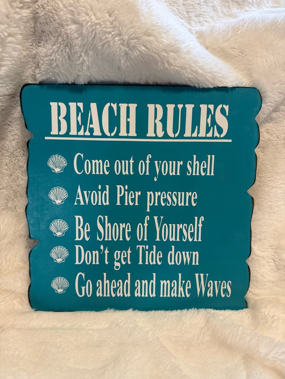 Teal Wooden Beach Rules Wall Sign Decor 12"x12" - Funny Ocean Puns & Sayings